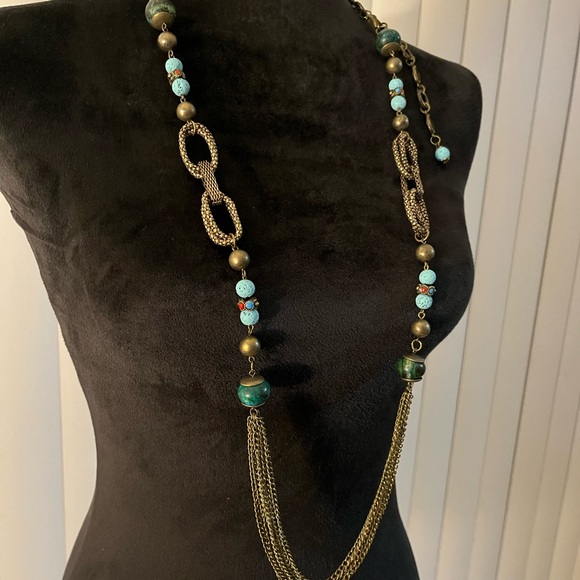 Bronze Chain Blue Color Beads Necklace - Picture 2 of 8